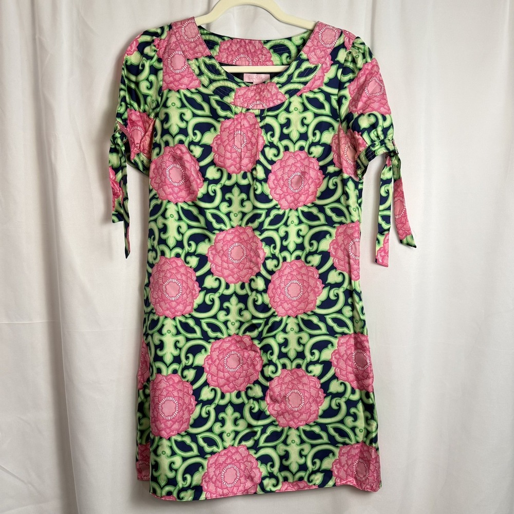 Lilly Pulitzer Dasha Hydrangea Shift Dress Sz 4 Pink Green Tie Sleeve Lined Flaw